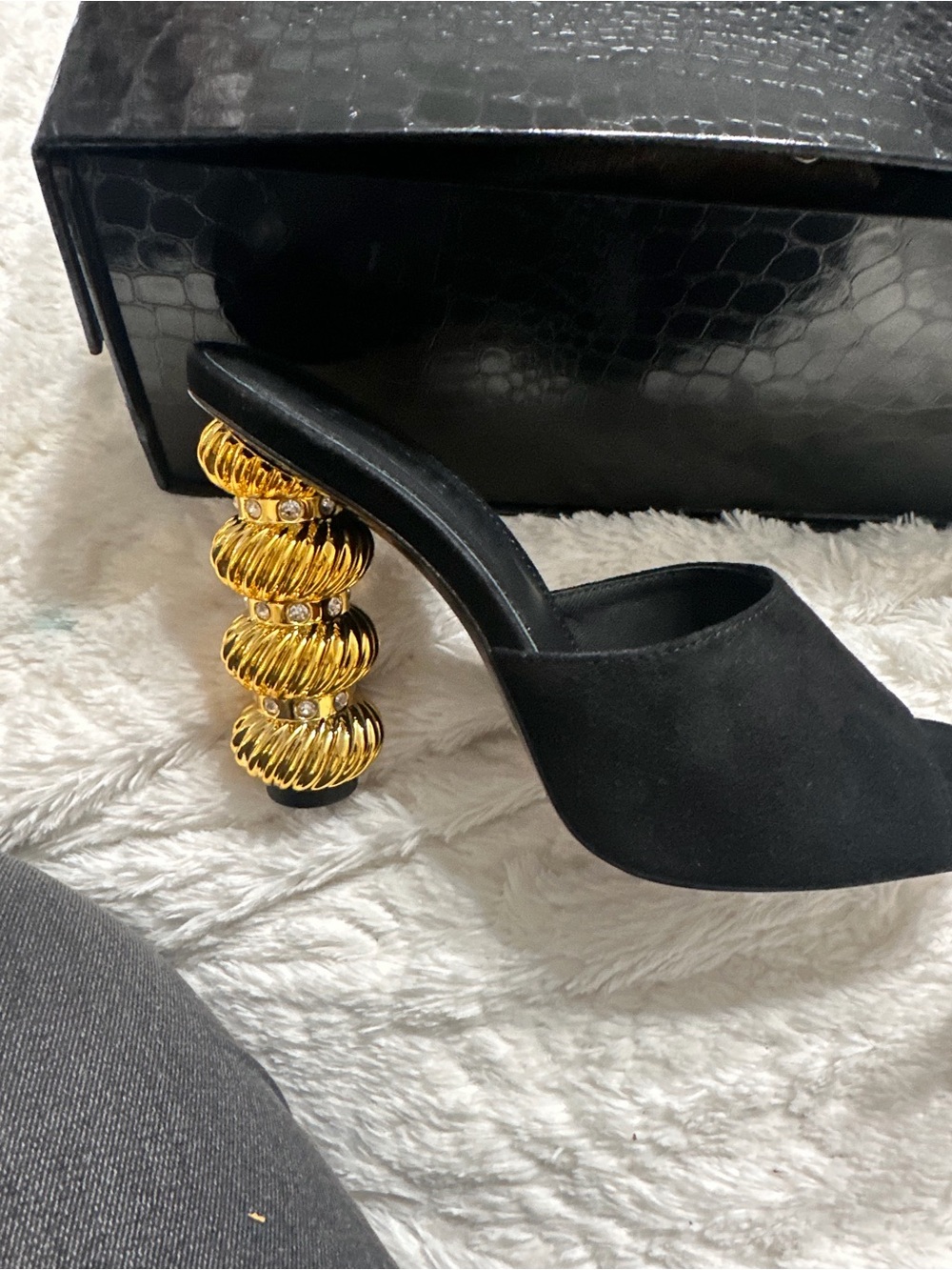 Black Slip-On Mule Sandal with Decorative Gold Orb Heel